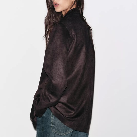 Zara NWT dark brown faux suede double breasted collared blazer jacket - Picture 6 of 10